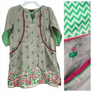 J. Girls 10/12 Green Floral Cotton A-Line Printed Kurti Pakistani Tunic Dress